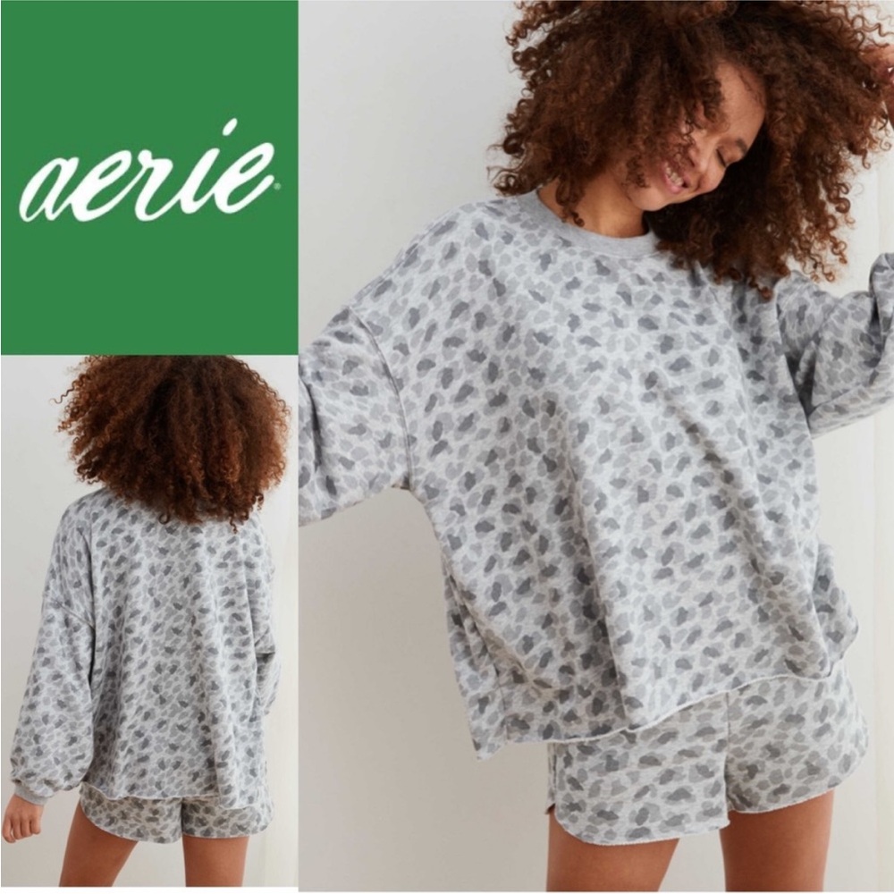 Aerie oversized animal print crew neck sweatshirt with raw hem
